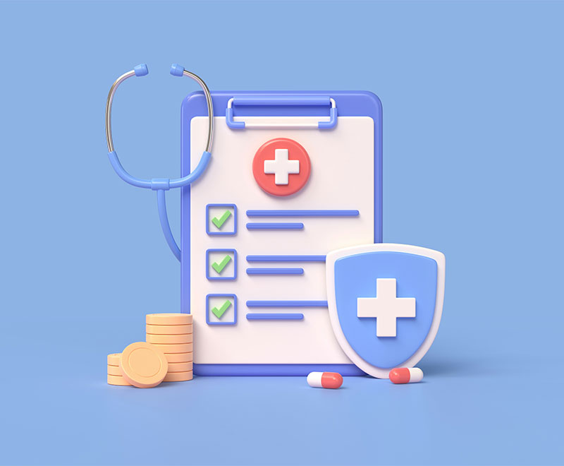 Illustration of medical clipboard, coins and stethoscope