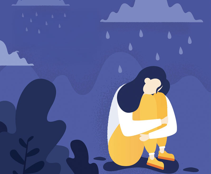 Illustration of a sad-looking woman sitting with her knees to her chest.