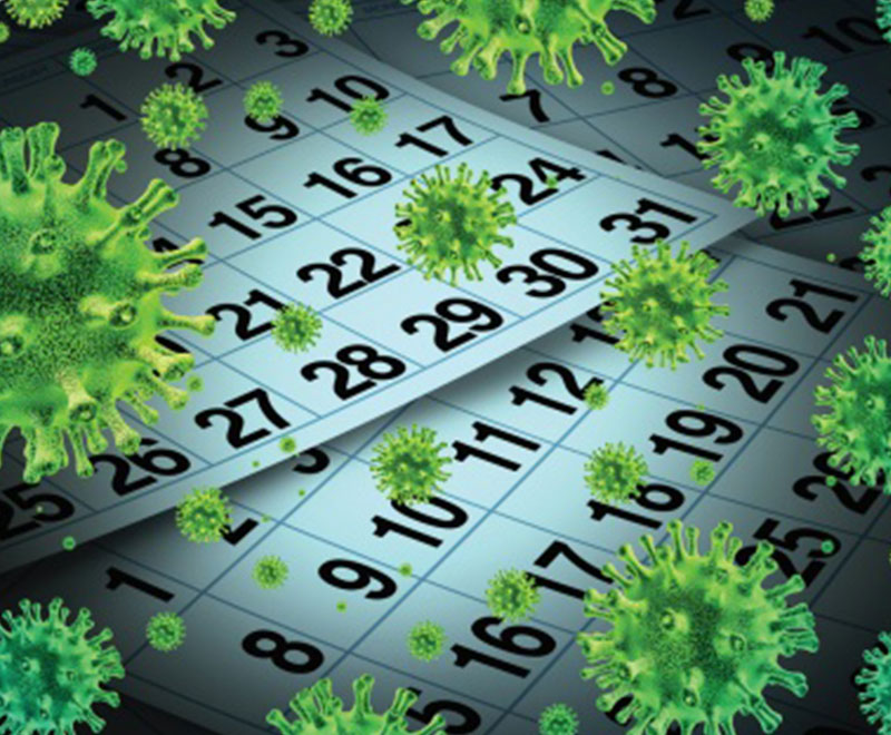 Illustration of a calendar overlaid with viruses