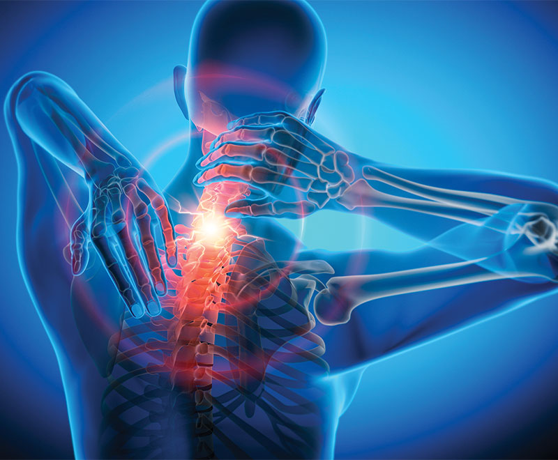 Image of a human body, with acute pain in the neck illustrated with a radiating yellow/red burst