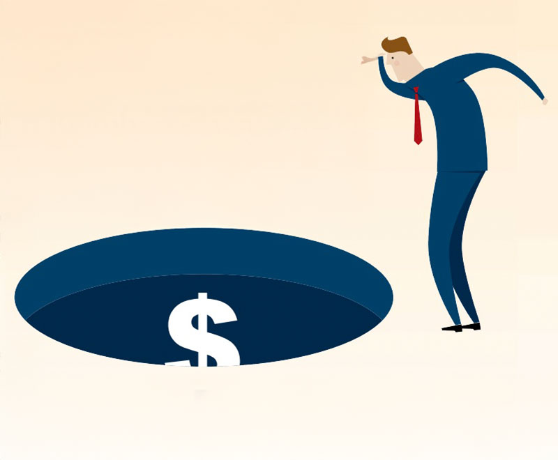 Illustration of a man looking into a hole with a dollar symbol in it