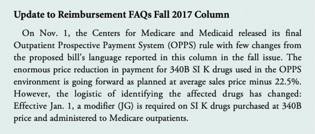 Update to Reimbursement FAQs Fall 2017 Column