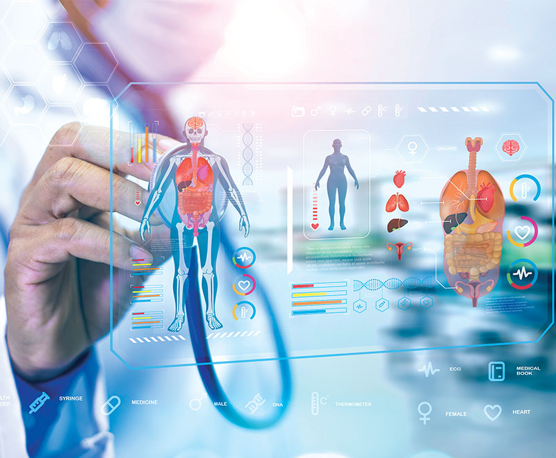 Concept art of a digital medical chart showing a diagram of a person's body.