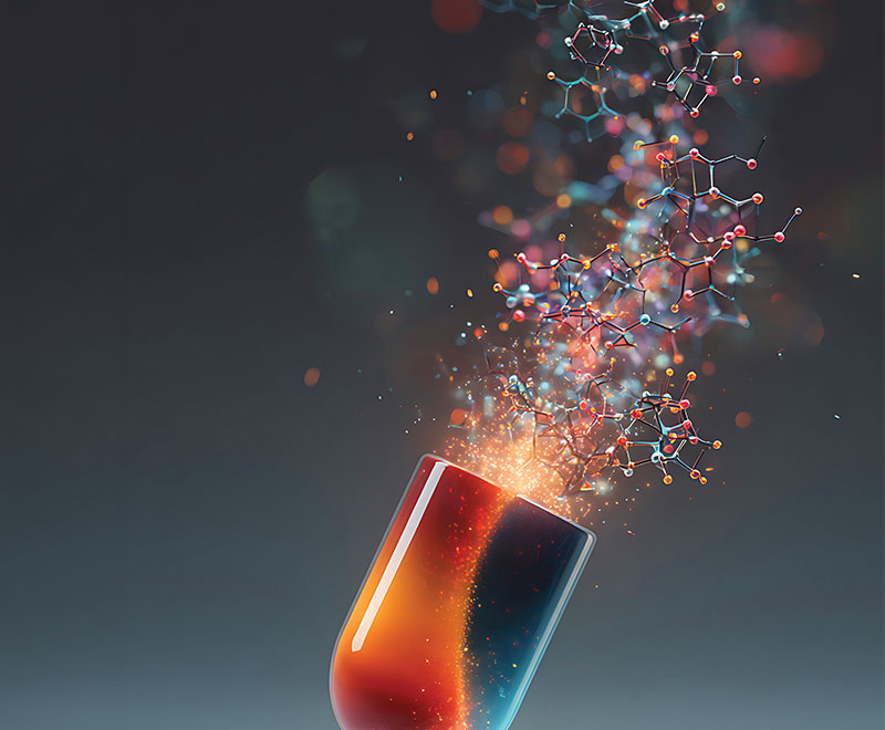 Conceptual image of a capsule pill opened with molecules spilling out.