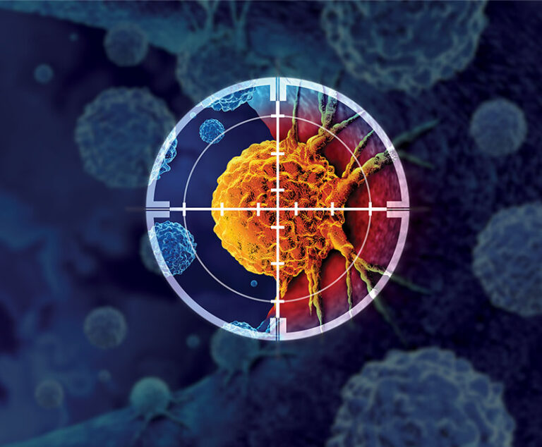 Concept image of cancer infecting cells in crosshairs.