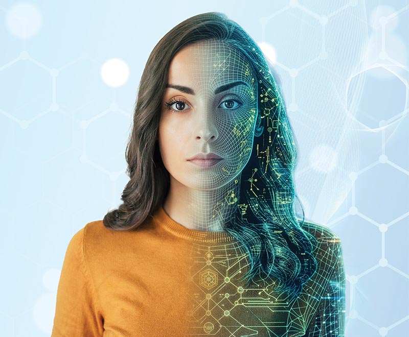 A woman with overlay of technology concept.