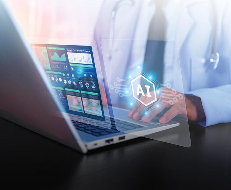 Medical provider using a laptop with AI concept art.