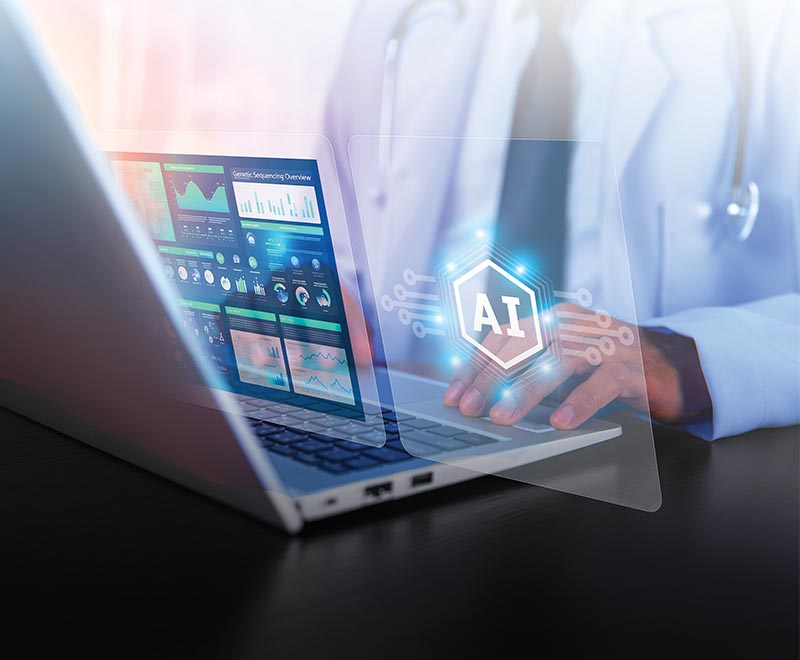 Medical provider using a laptop with AI concept art.